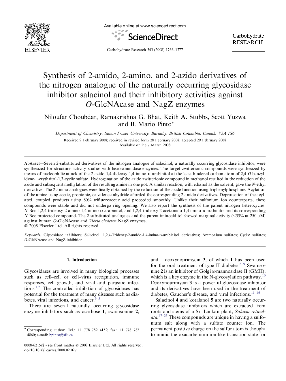 Synthesis of 2-amido, 2-amino, and 2-azido derivatives of the nitrogen analogue of the naturally occurring glycosidase inhibitor salacinol and their inhibitory activities against O-GlcNAcase and NagZ enzymes