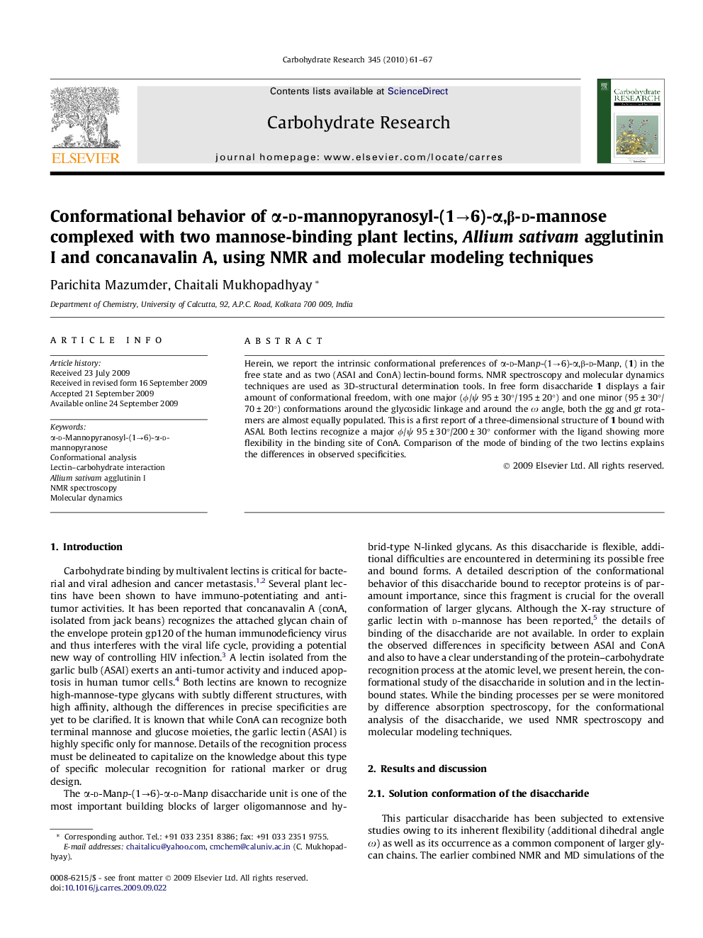 Conformational behavior of α-d-mannopyranosyl-(1→6)-α,β-d-mannose complexed with two mannose-binding plant lectins, Allium sativam agglutinin I and concanavalin A, using NMR and molecular modeling techniques