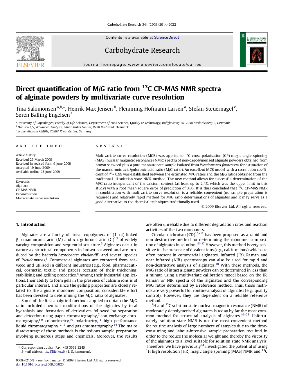 Direct quantification of M/G ratio from 13C CP-MAS NMR spectra of alginate powders by multivariate curve resolution