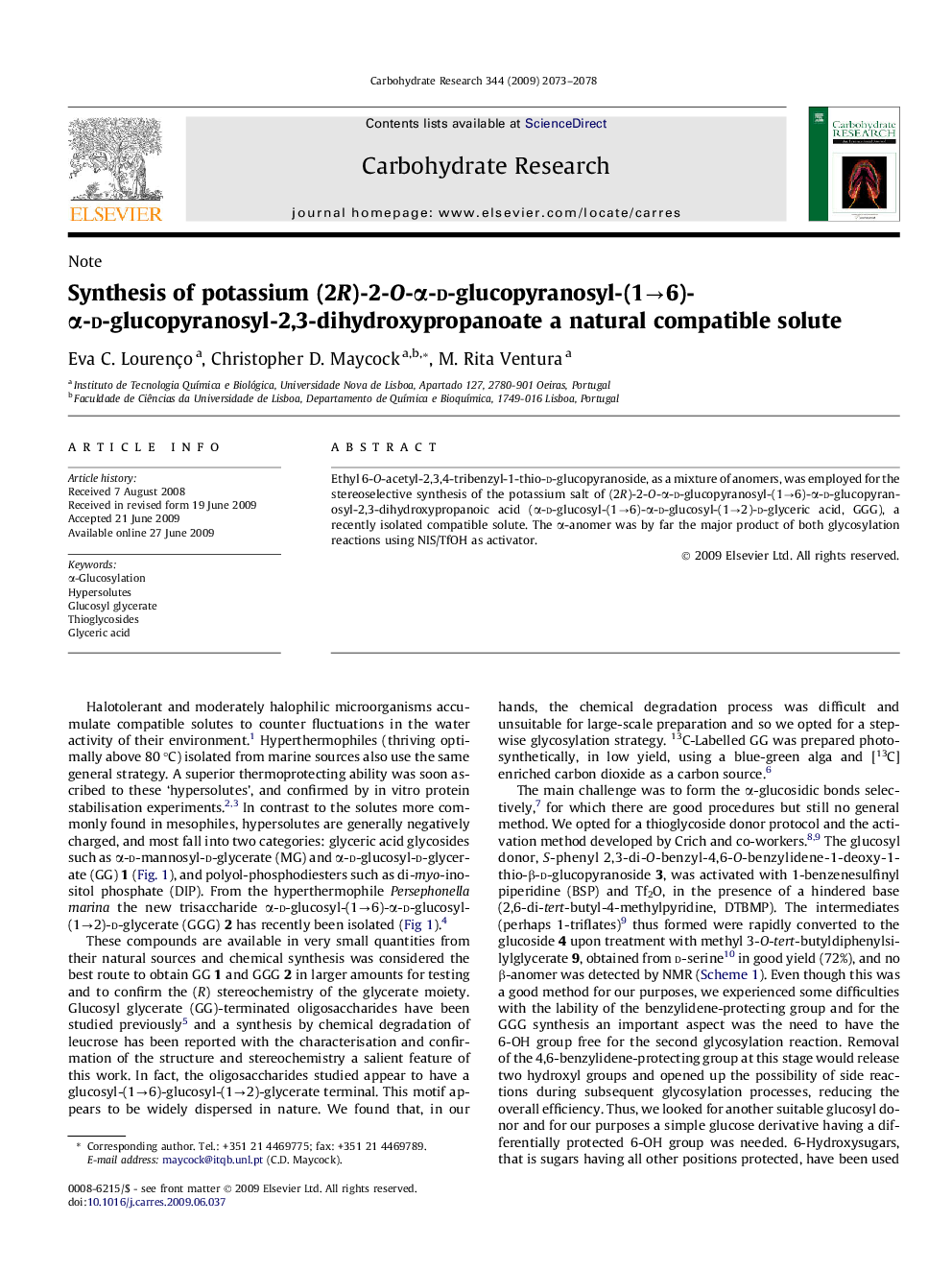 Synthesis of potassium (2R)-2-O-α-d-glucopyranosyl-(1→6)-α-d-glucopyranosyl-2,3-dihydroxypropanoate a natural compatible solute