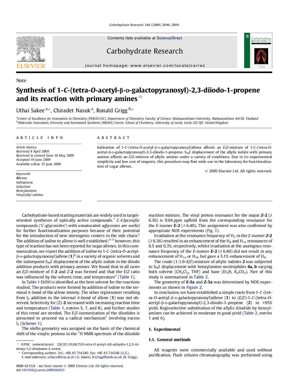 Synthesis of 1-C-(tetra-O-acetyl-β-d-galactopyranosyl)-2,3-diiodo-1-propene and its reaction with primary amines 