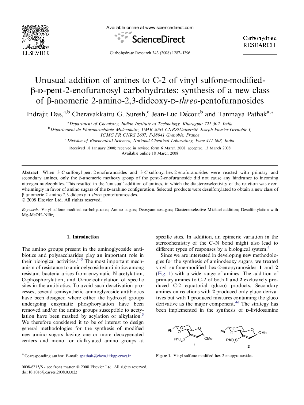 Unusual addition of amines to C-2 of vinyl sulfone-modified-β-d-pent-2-enofuranosyl carbohydrates: synthesis of a new class of β-anomeric 2-amino-2,3-dideoxy-d-threo-pentofuranosides