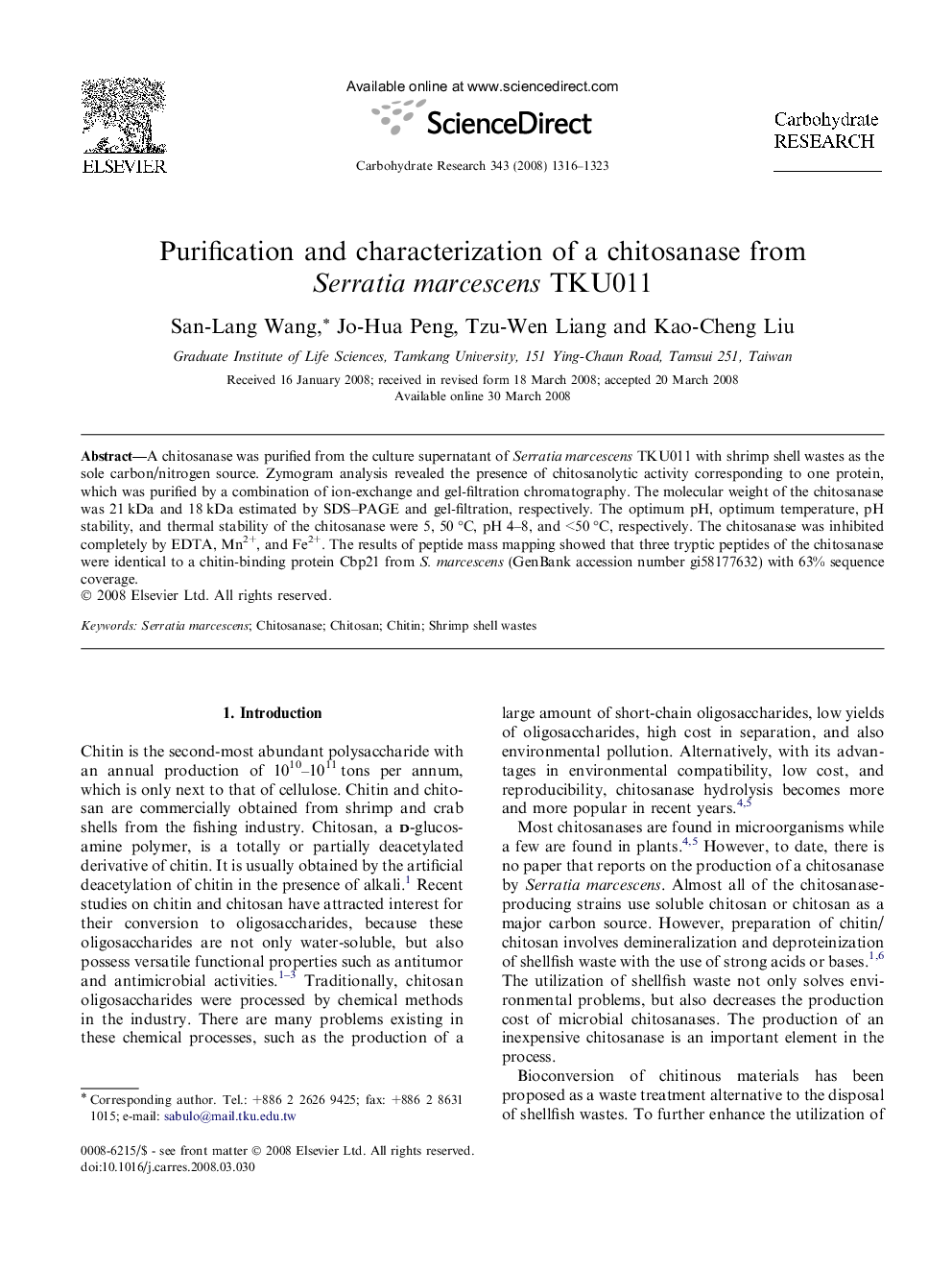 Purification and characterization of a chitosanase from Serratia marcescens TKU011