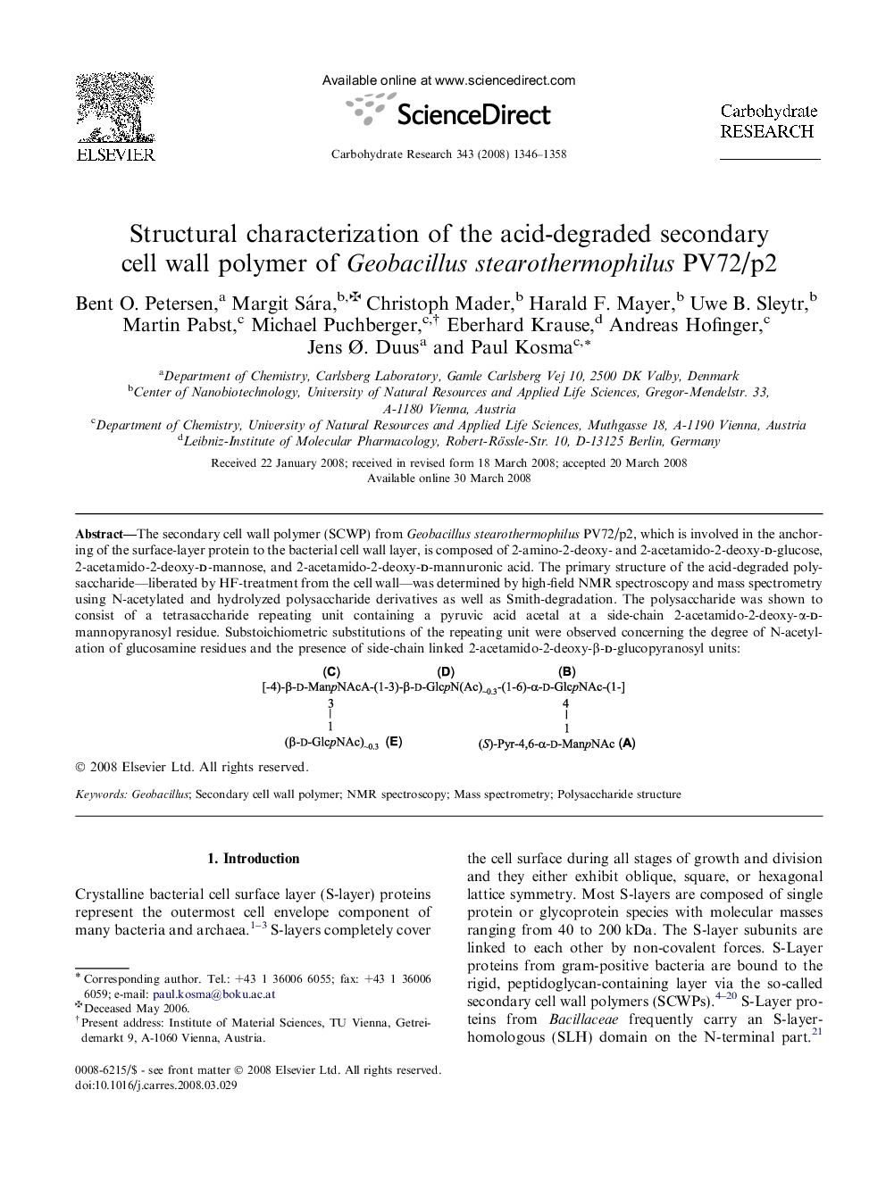 Structural characterization of the acid-degraded secondary cell wall polymer of Geobacillus stearothermophilus PV72/p2