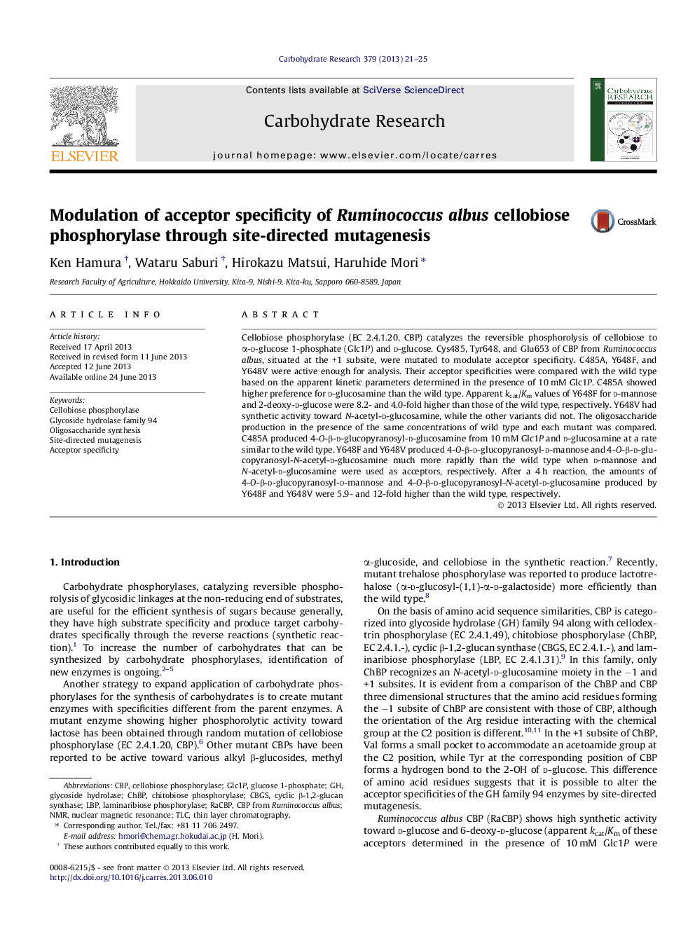 Modulation of acceptor specificity of Ruminococcus albus cellobiose phosphorylase through site-directed mutagenesis