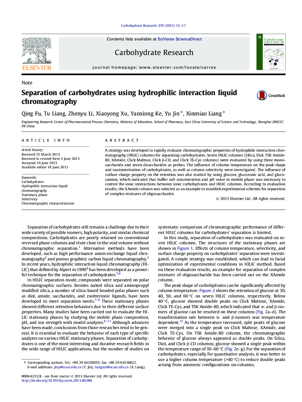 Separation of carbohydrates using hydrophilic interaction liquid chromatography