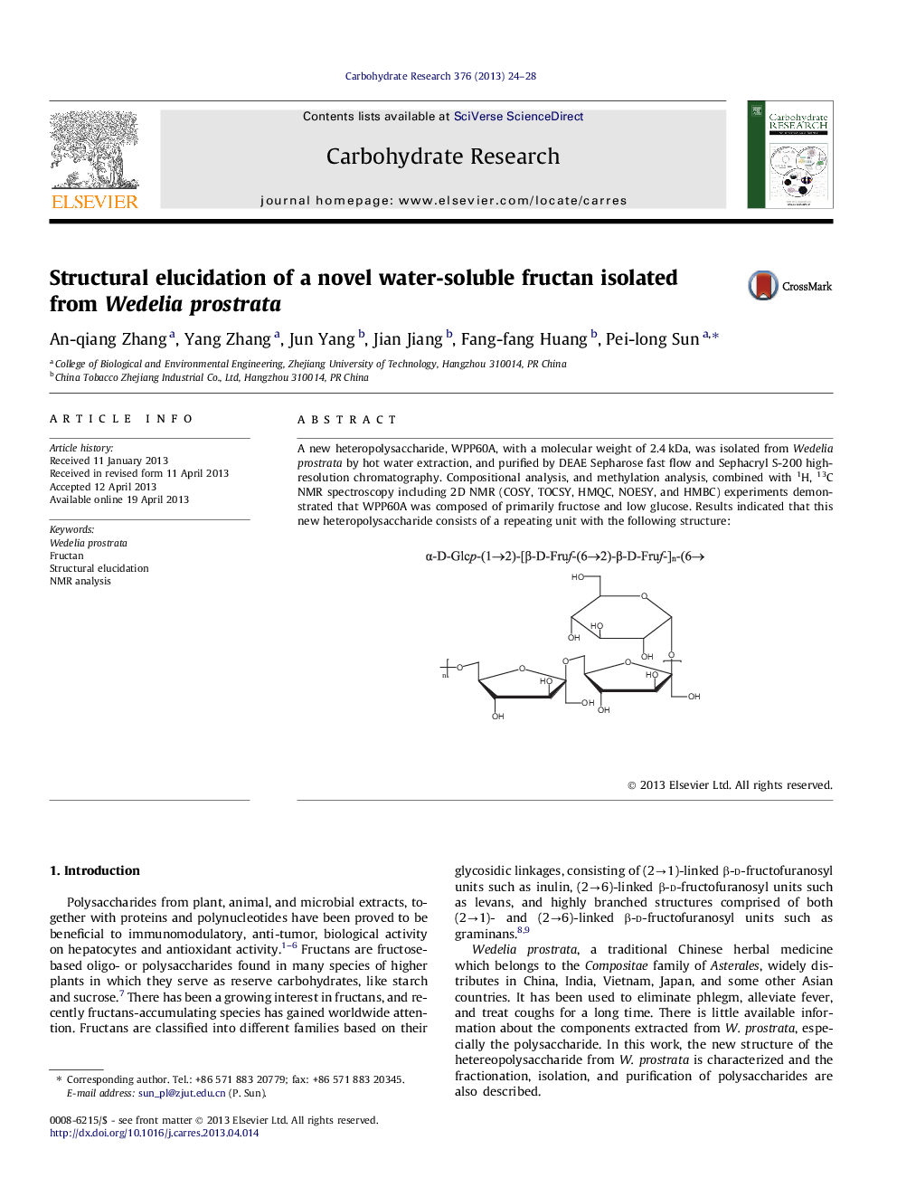 Structural elucidation of a novel water-soluble fructan isolated from Wedelia prostrata