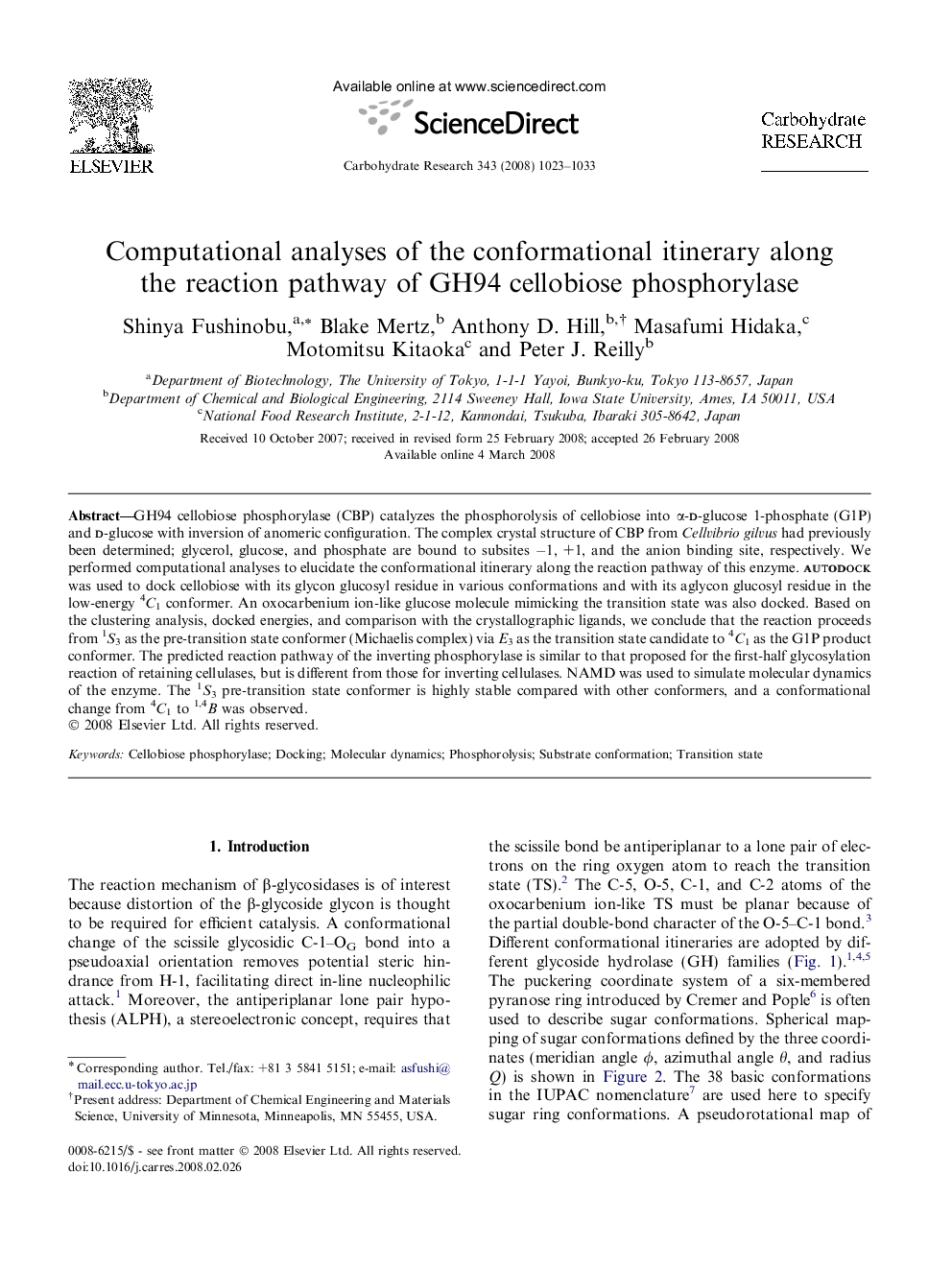 Computational analyses of the conformational itinerary along the reaction pathway of GH94 cellobiose phosphorylase