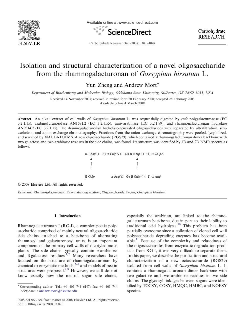 عکس صفحه اول مقاله: Isolation and structural characterization of a novel oligosaccharide from the rhamnogalacturonan of Gossypium hirsutum L. Isolation and structural characterization of a novel oligosaccharide from the rhamnogalacturonan of Gossypium hirsutum L.