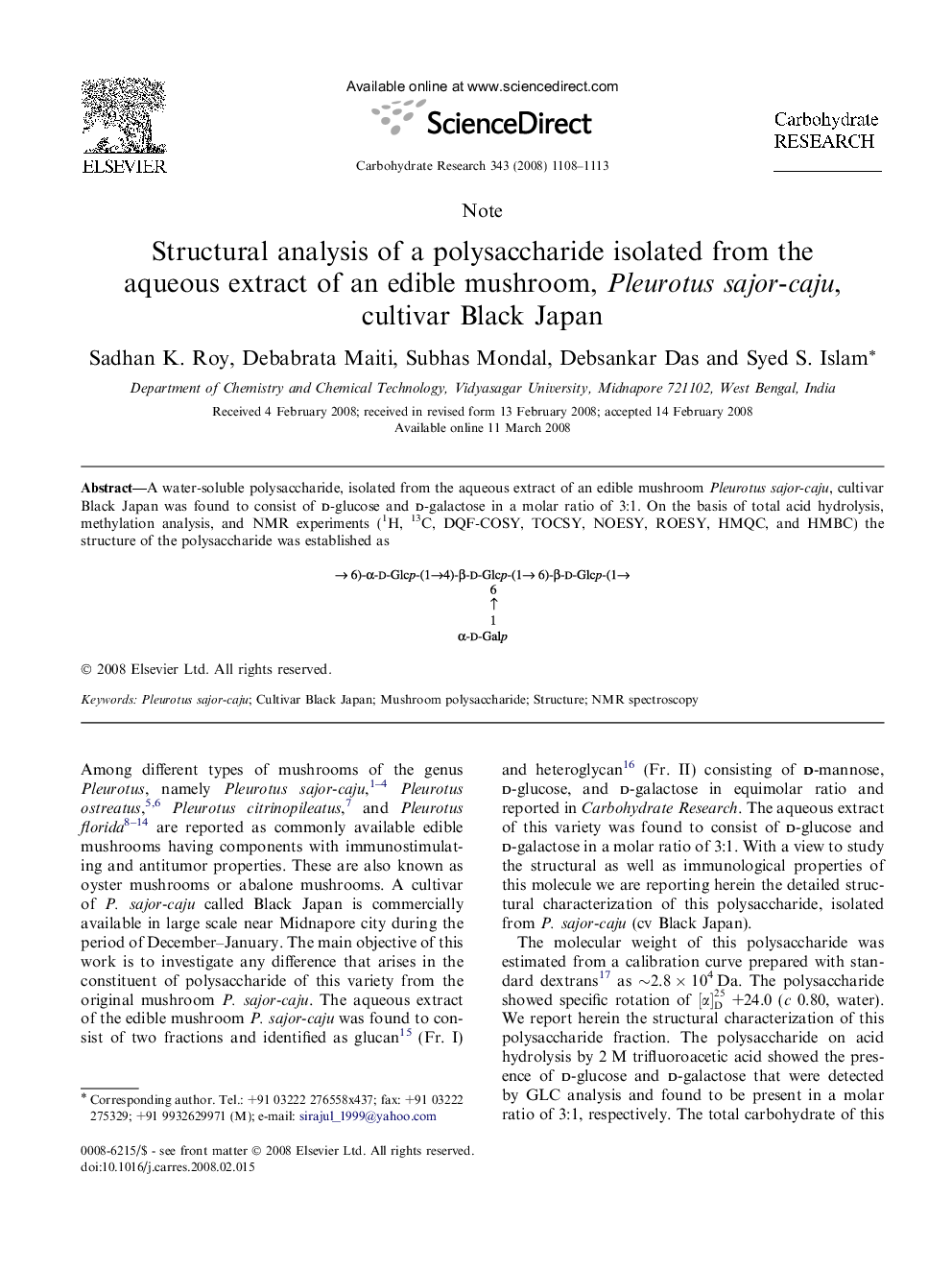 Structural analysis of a polysaccharide isolated from the aqueous extract of an edible mushroom, Pleurotus sajor-caju, cultivar Black Japan