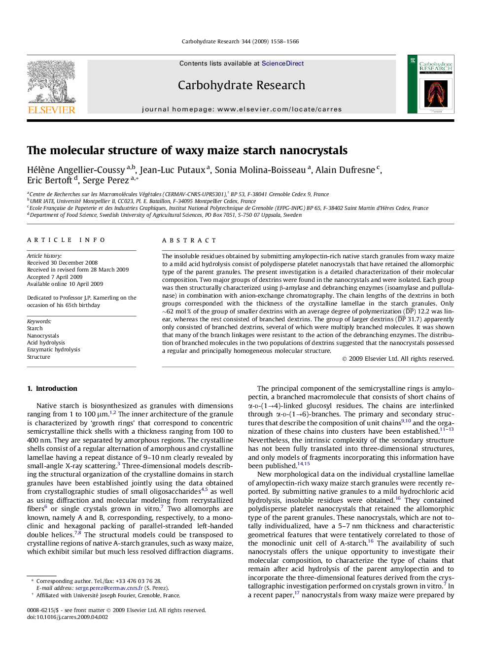 The molecular structure of waxy maize starch nanocrystals