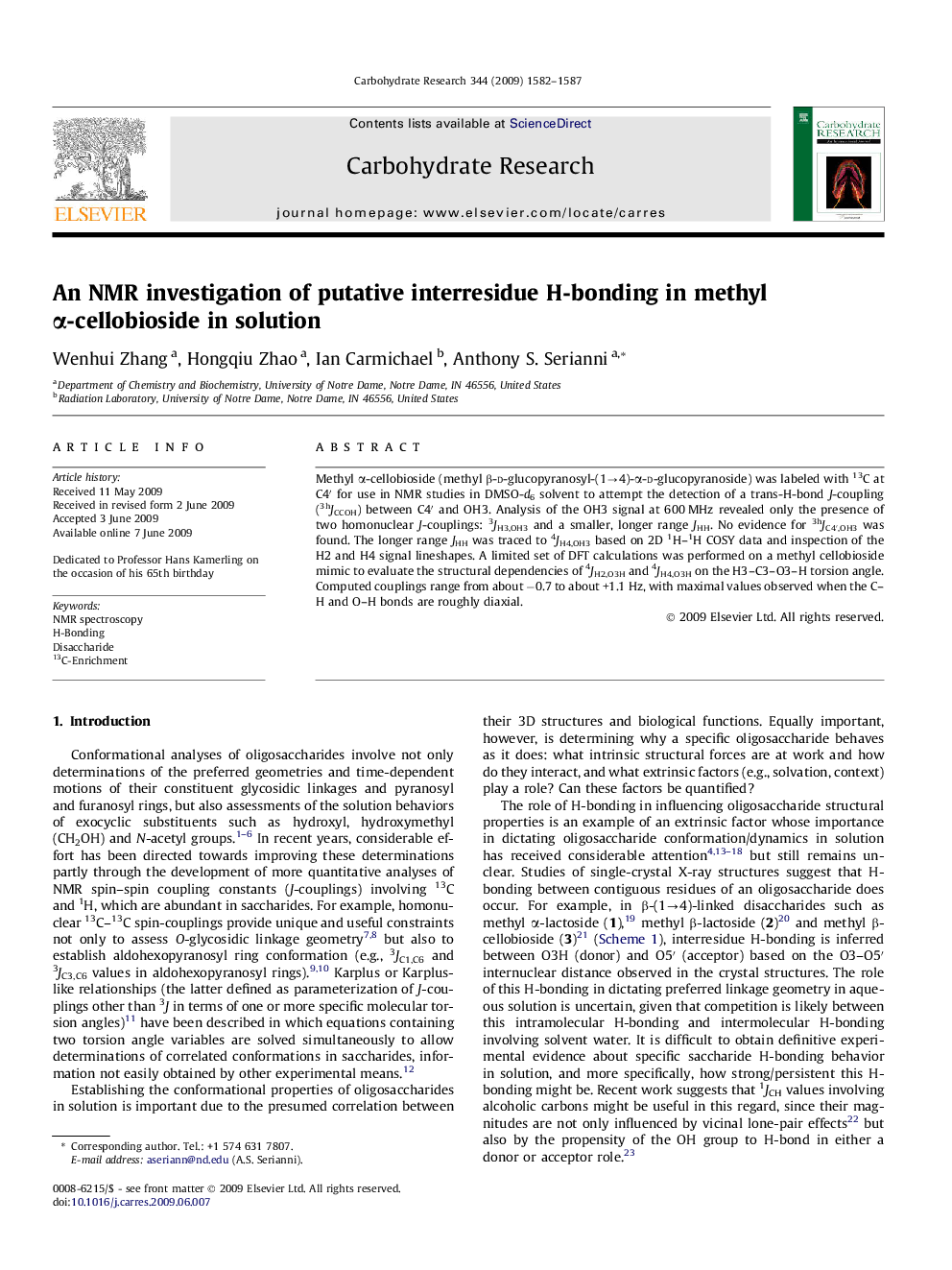 An NMR investigation of putative interresidue H-bonding in methyl α-cellobioside in solution