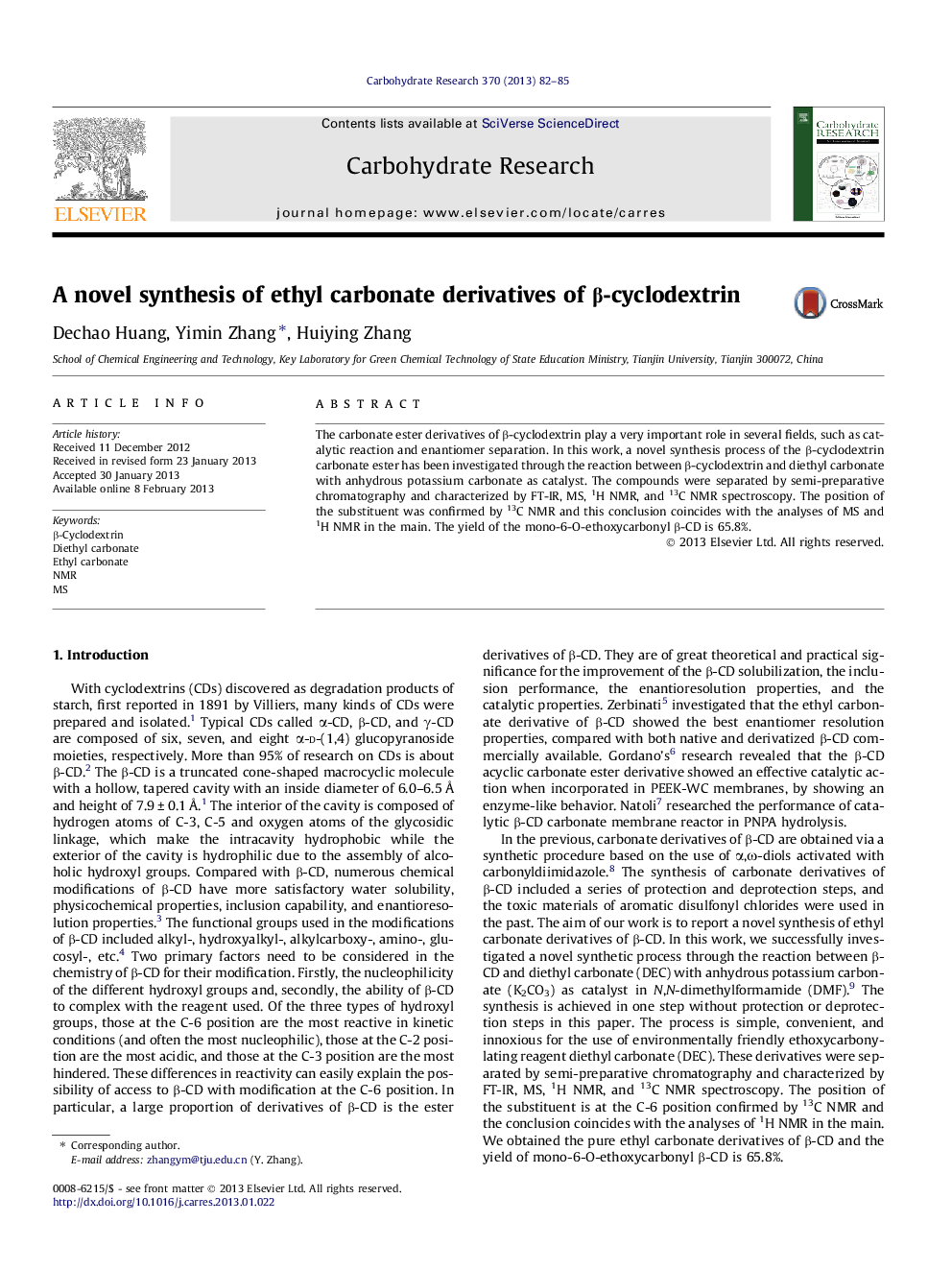 A novel synthesis of ethyl carbonate derivatives of β-cyclodextrin