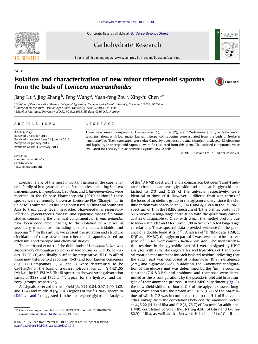 Isolation and characterization of new minor triterpenoid saponins from the buds of Lonicera macranthoides