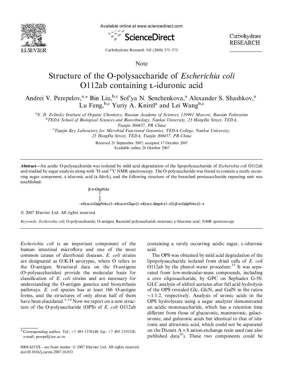 Structure of the O-polysaccharide of Escherichia coli O112ab containing l-iduronic acid