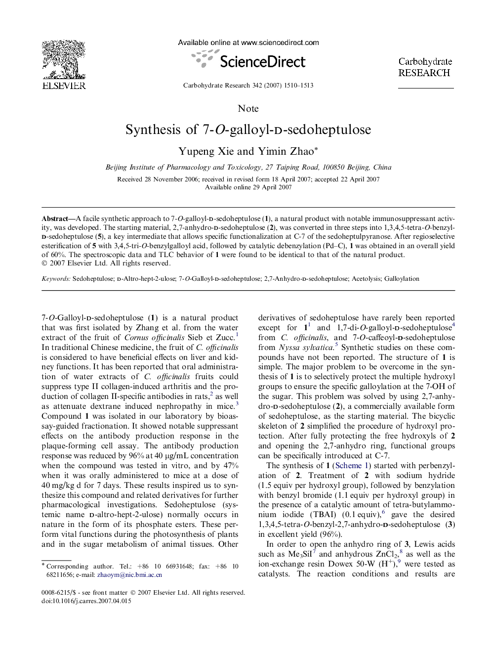 Synthesis of 7-O-galloyl-d-sedoheptulose