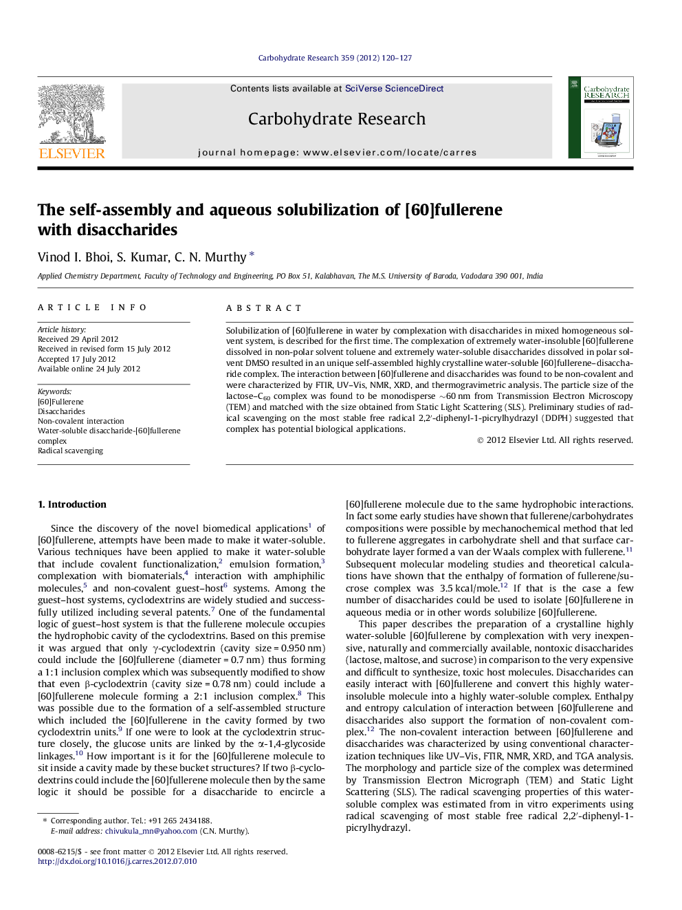 The self-assembly and aqueous solubilization of [60]fullerene with disaccharides