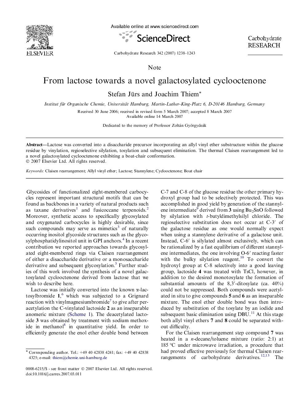 From lactose towards a novel galactosylated cyclooctenone