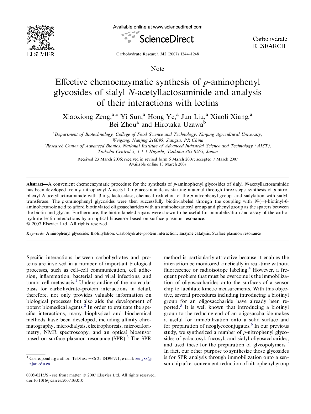عکس صفحه اول مقاله: Effective chemoenzymatic synthesis of p-aminophenyl glycosides of sialyl N-acetyllactosaminide and analysis of their interactions with lectins Effective chemoenzymatic synthesis of p-aminophenyl glycosides of sialyl N-acetyllactosaminide and analysis of their interactions with lectins