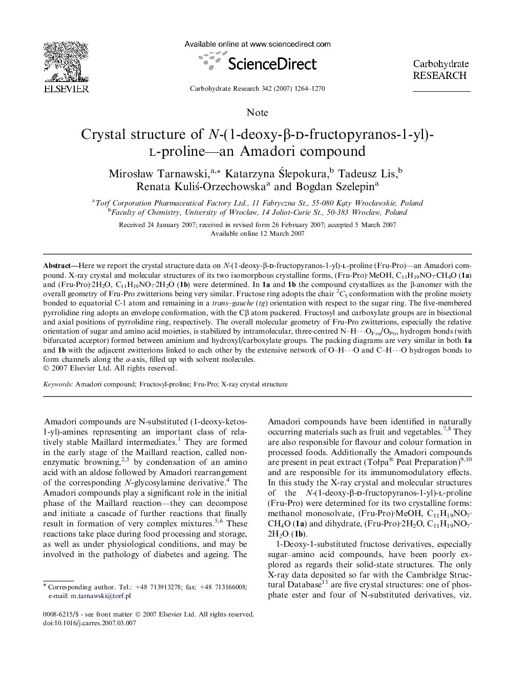 Crystal structure of N-(1-deoxy-β-d-fructopyranos-1-yl)-l-proline—an Amadori compound