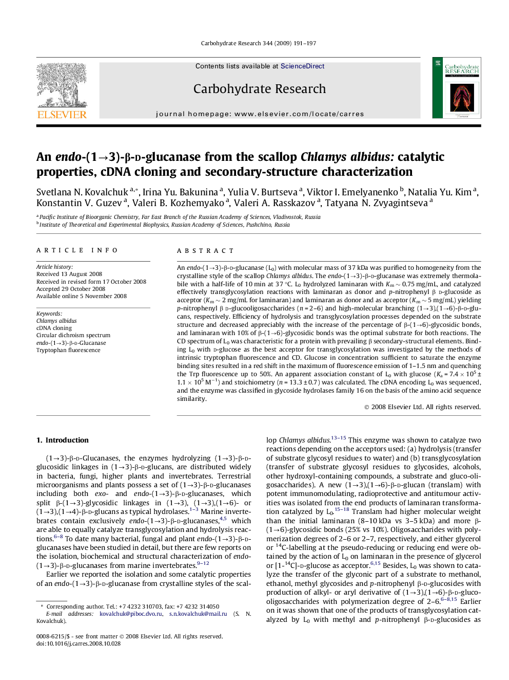 An endo-(1→3)-β-d-glucanase from the scallop Chlamys albidus: catalytic properties, cDNA cloning and secondary-structure characterization