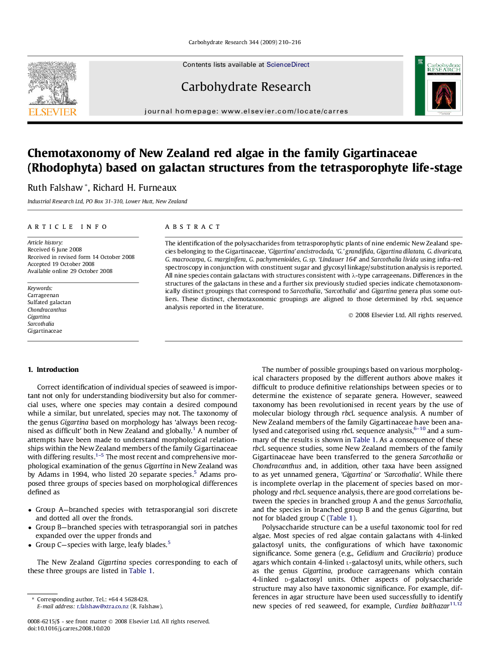 Chemotaxonomy of New Zealand red algae in the family Gigartinaceae (Rhodophyta) based on galactan structures from the tetrasporophyte life-stage