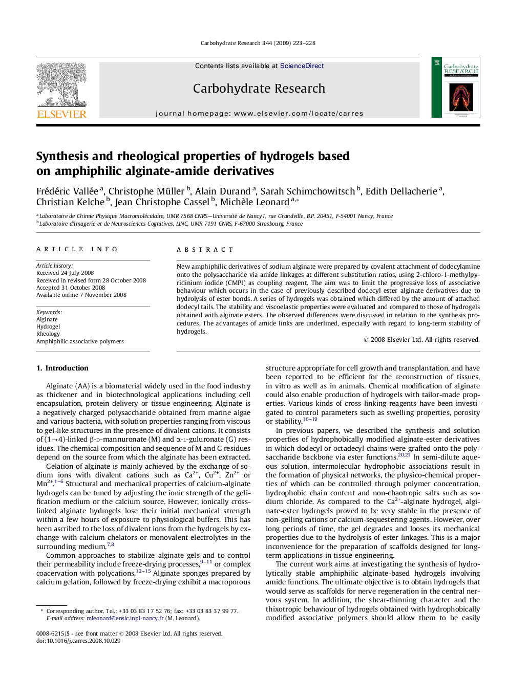 Synthesis and rheological properties of hydrogels based on amphiphilic alginate-amide derivatives