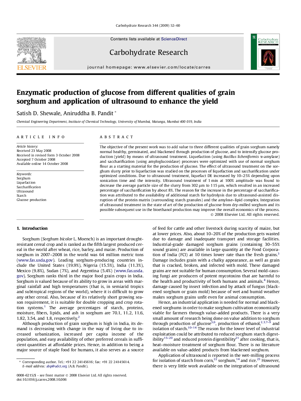 Enzymatic production of glucose from different qualities of grain sorghum and application of ultrasound to enhance the yield