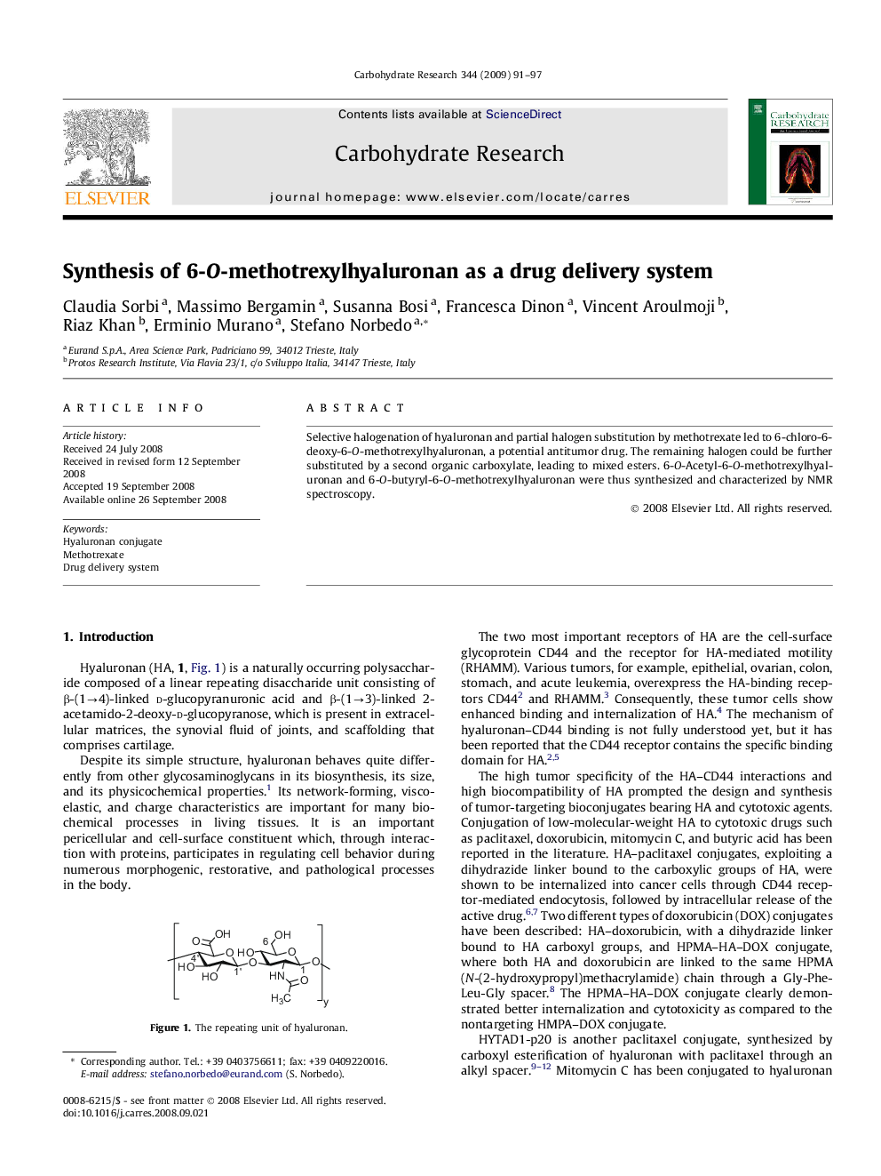 عکس صفحه اول مقاله: Synthesis of 6-O-methotrexylhyaluronan as a drug delivery system Synthesis of 6-O-methotrexylhyaluronan as a drug delivery system