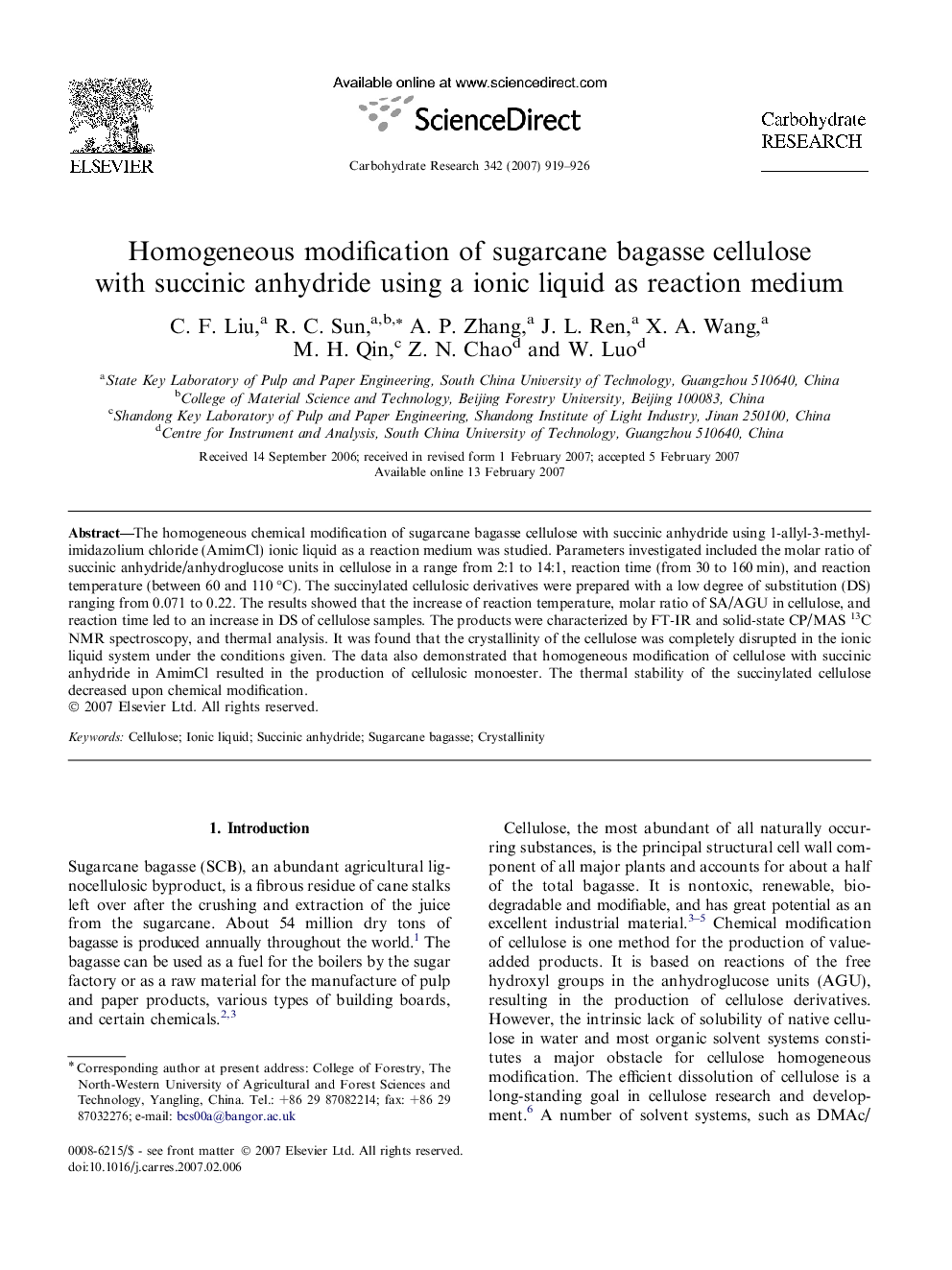 Homogeneous modification of sugarcane bagasse cellulose with succinic anhydride using a ionic liquid as reaction medium