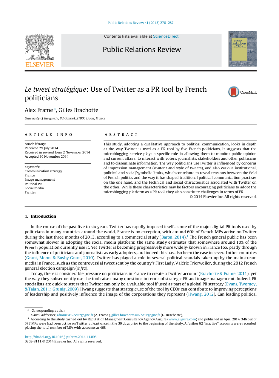 Le tweet stratégique: Use of Twitter as a PR tool by French politicians