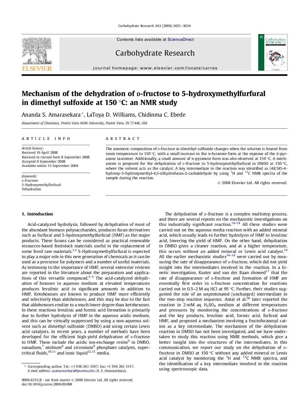 Mechanism of the dehydration of d-fructose to 5-hydroxymethylfurfural in dimethyl sulfoxide at 150 °C: an NMR study