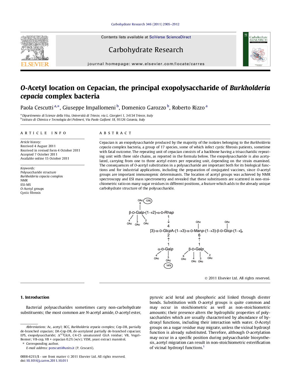 O-Acetyl location on Cepacian, the principal exopolysaccharide of Burkholderia cepacia complex bacteria