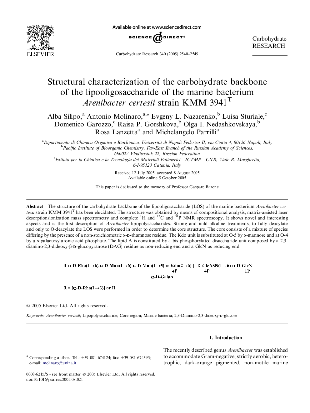 Structural characterization of the carbohydrate backbone of the lipooligosaccharide of the marine bacterium Arenibacter certesii strain KMM 3941T