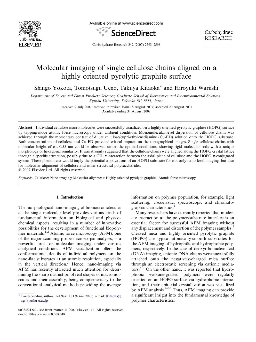 Molecular imaging of single cellulose chains aligned on a highly oriented pyrolytic graphite surface