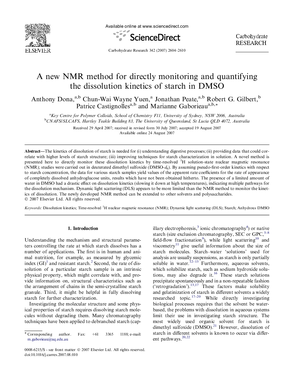 A new NMR method for directly monitoring and quantifying the dissolution kinetics of starch in DMSO