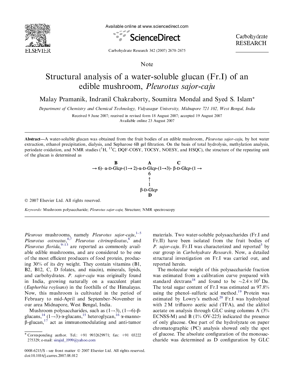 Structural analysis of a water-soluble glucan (Fr.I) of an edible mushroom, Pleurotus sajor-caju