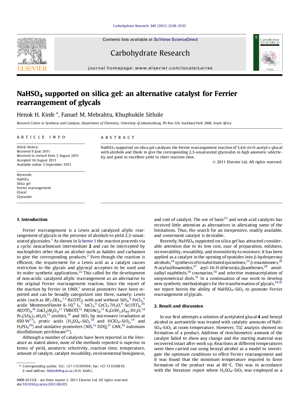 NaHSO4 supported on silica gel: an alternative catalyst for Ferrier rearrangement of glycals