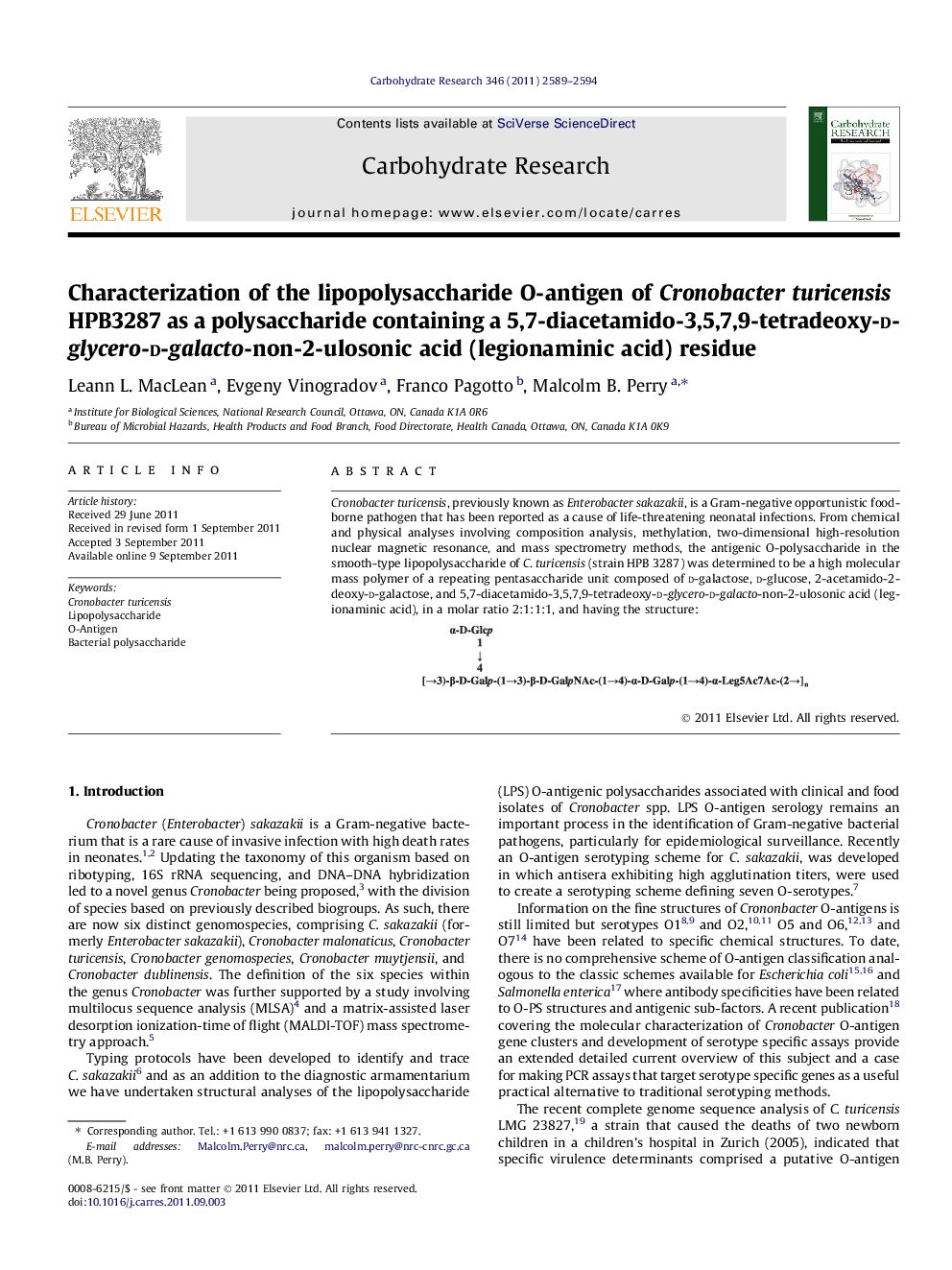 Characterization of the lipopolysaccharide O-antigen of Cronobacter turicensis HPB3287 as a polysaccharide containing a 5,7-diacetamido-3,5,7,9-tetradeoxy-d-glycero-d-galacto-non-2-ulosonic acid (legionaminic acid) residue