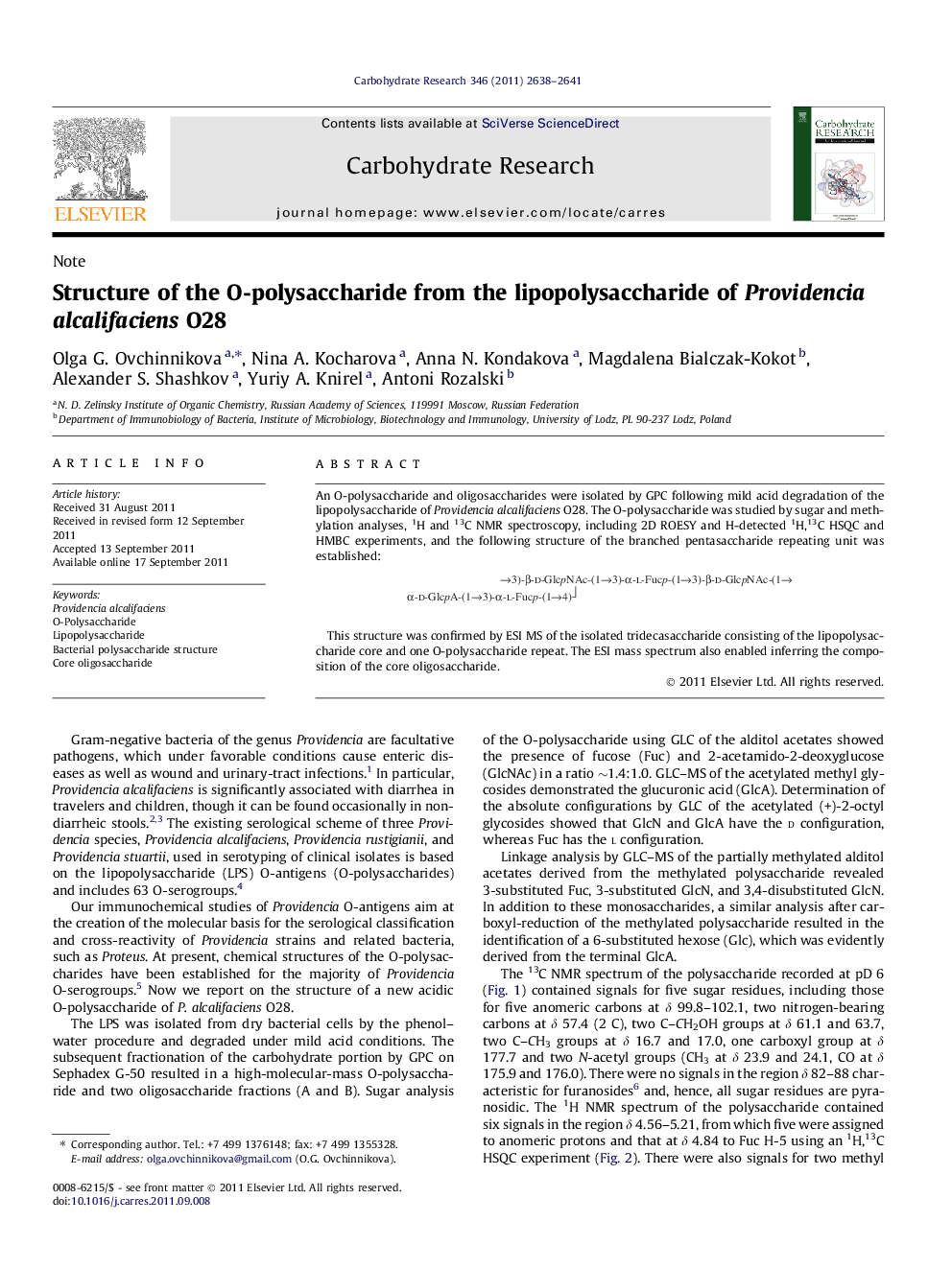 Structure of the O-polysaccharide from the lipopolysaccharide of Providencia alcalifaciens O28