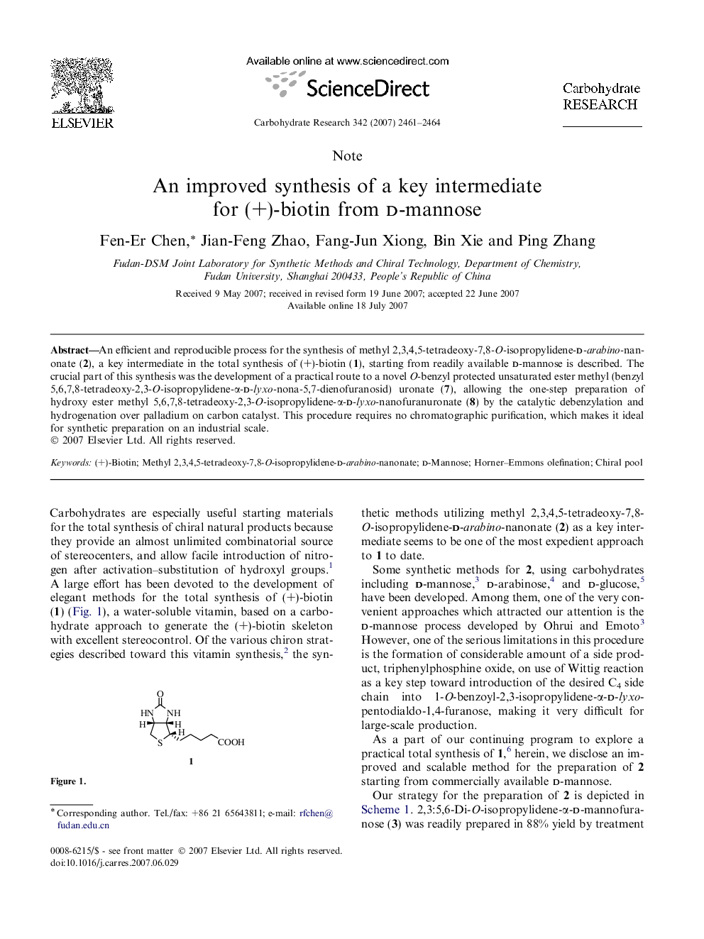 An improved synthesis of a key intermediate for (+)-biotin from d-mannose