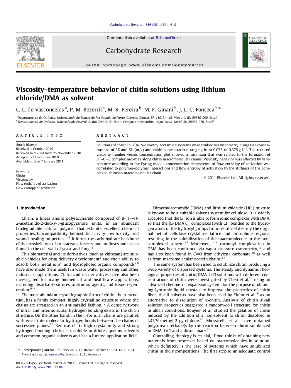 Viscosity–temperature behavior of chitin solutions using lithium chloride/DMA as solvent