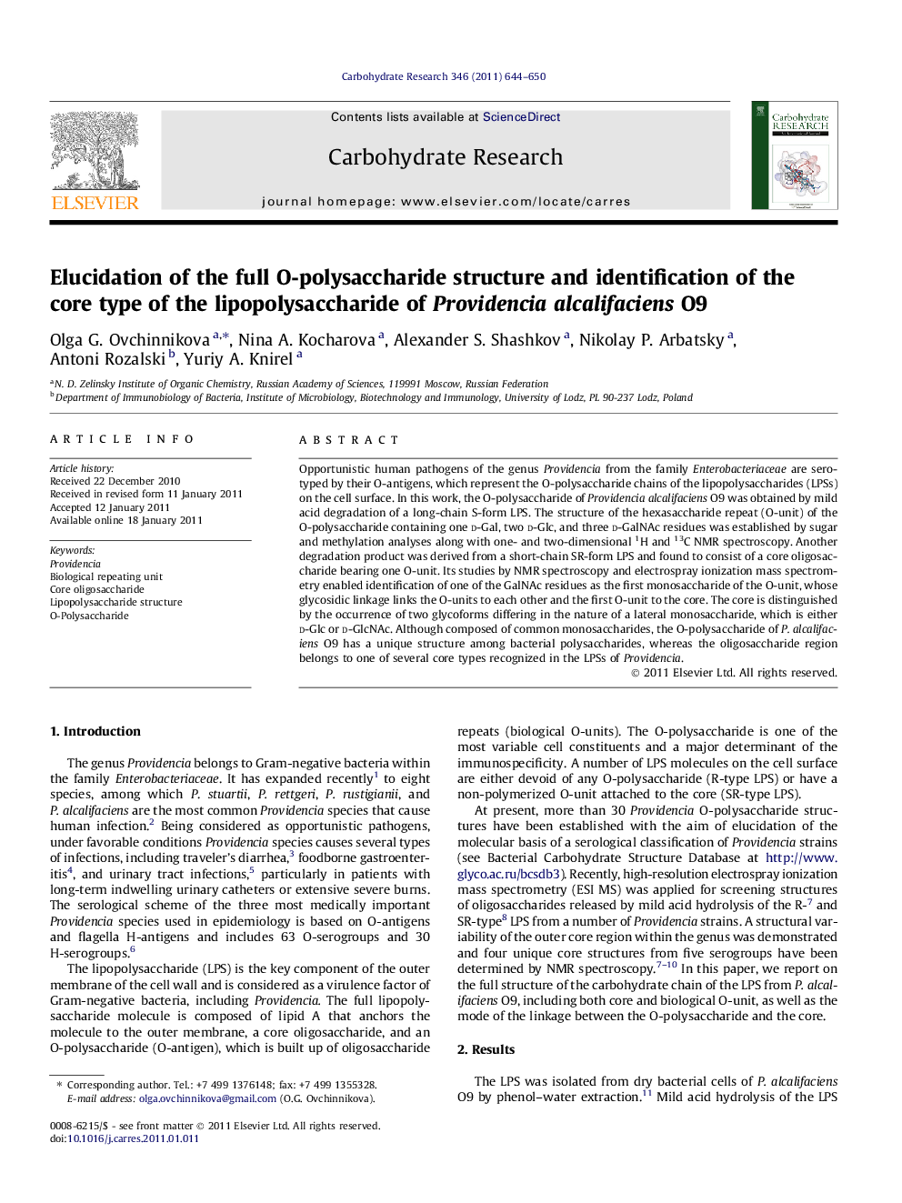 Elucidation of the full O-polysaccharide structure and identification of the core type of the lipopolysaccharide of Providencia alcalifaciens O9