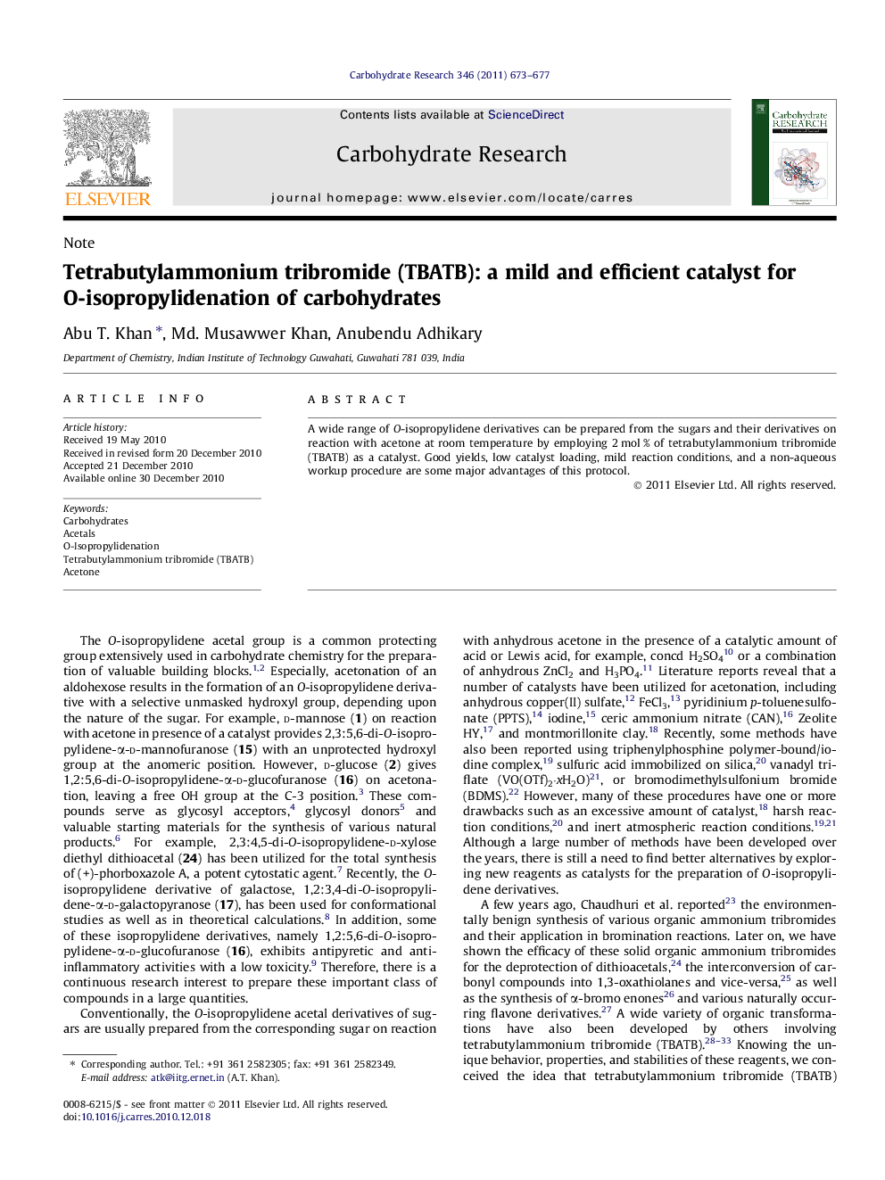 Tetrabutylammonium tribromide (TBATB): a mild and efficient catalyst for O-isopropylidenation of carbohydrates