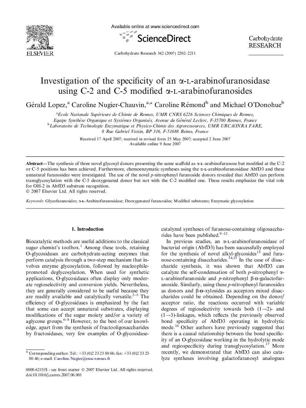 Investigation of the specificity of an α-l-arabinofuranosidase using C-2 and C-5 modified α-l-arabinofuranosides