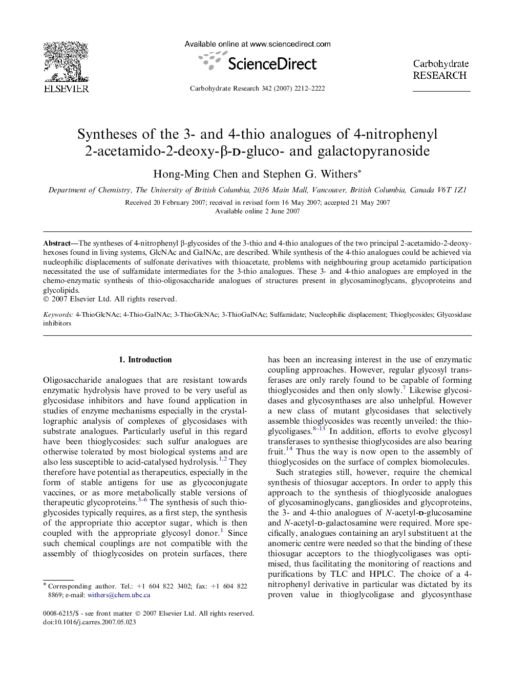 Syntheses of the 3- and 4-thio analogues of 4-nitrophenyl 2-acetamido-2-deoxy-β-d-gluco- and galactopyranoside