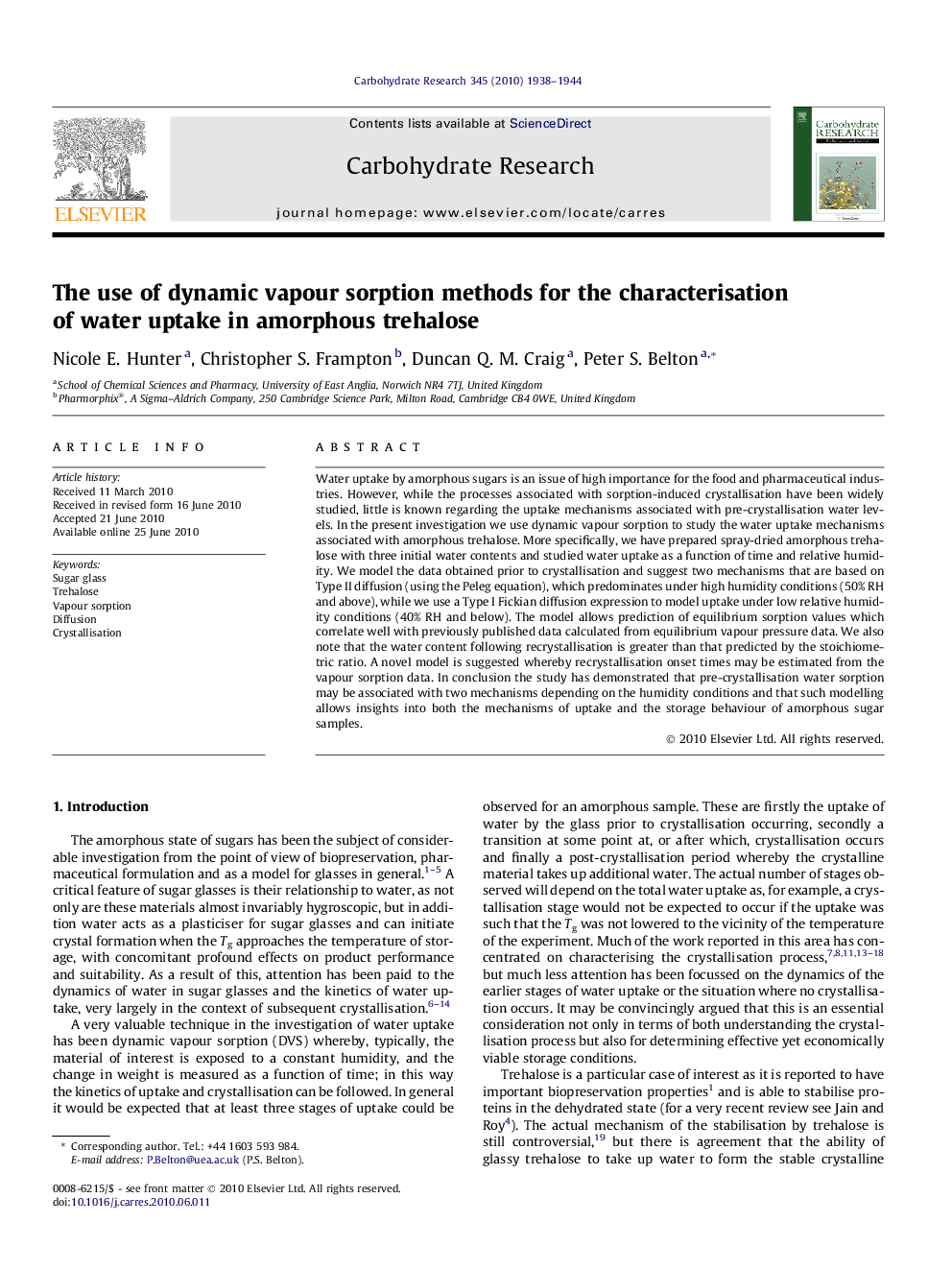 The use of dynamic vapour sorption methods for the characterisation of water uptake in amorphous trehalose