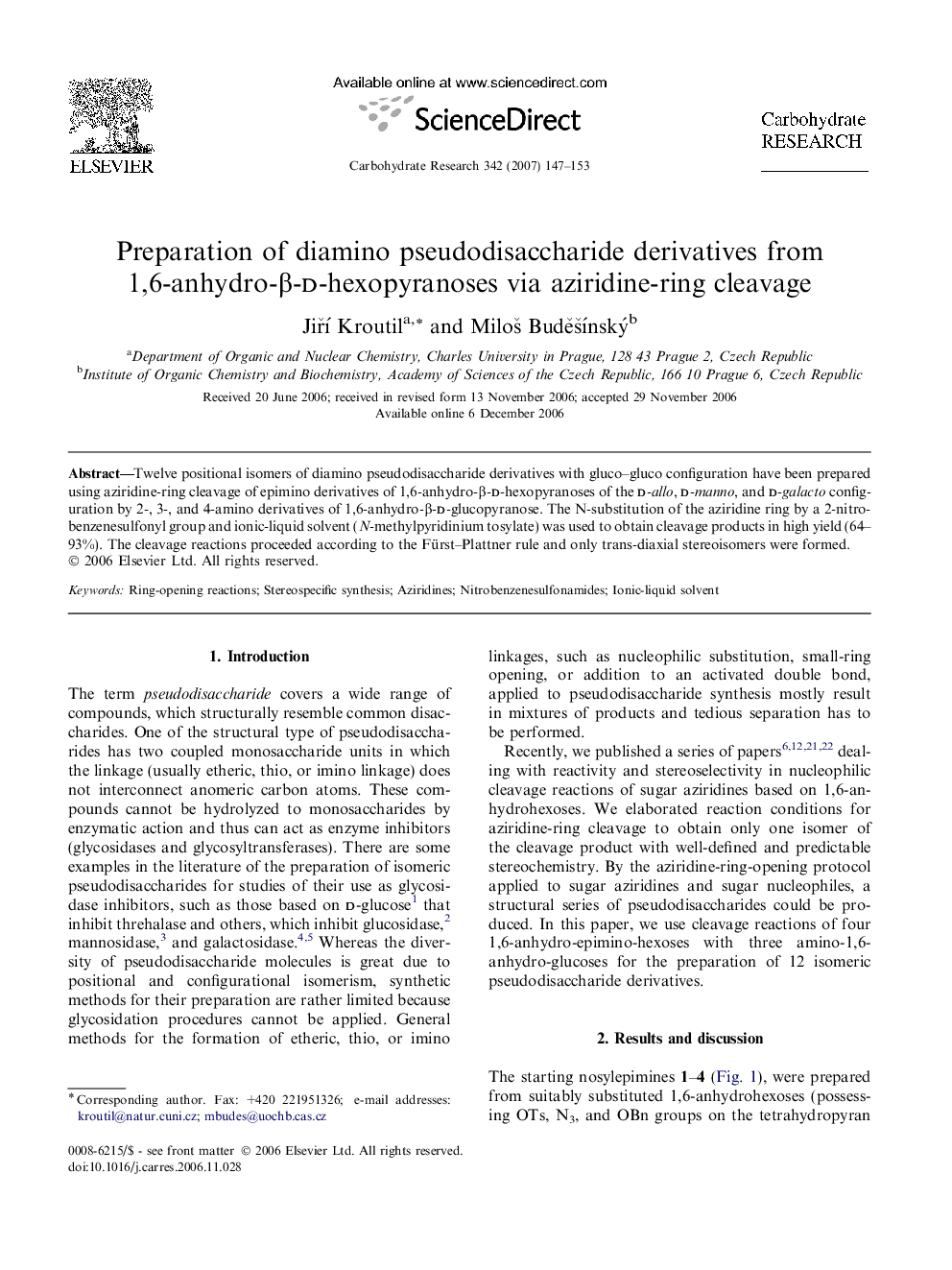 Preparation of diamino pseudodisaccharide derivatives from 1,6-anhydro-β-d-hexopyranoses via aziridine-ring cleavage