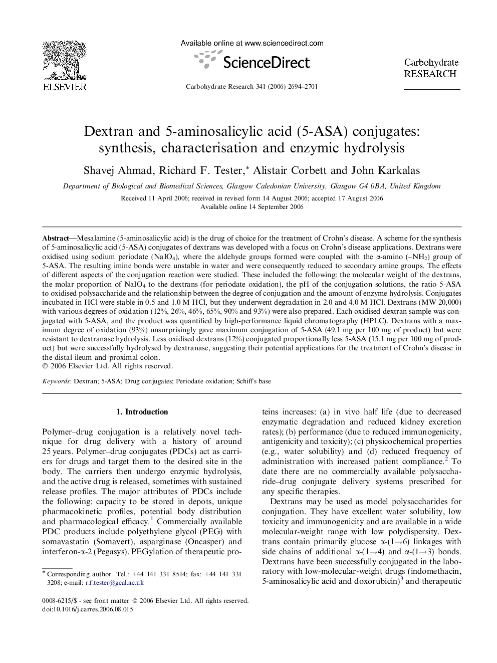 Dextran and 5-aminosalicylic acid (5-ASA) conjugates: synthesis, characterisation and enzymic hydrolysis
