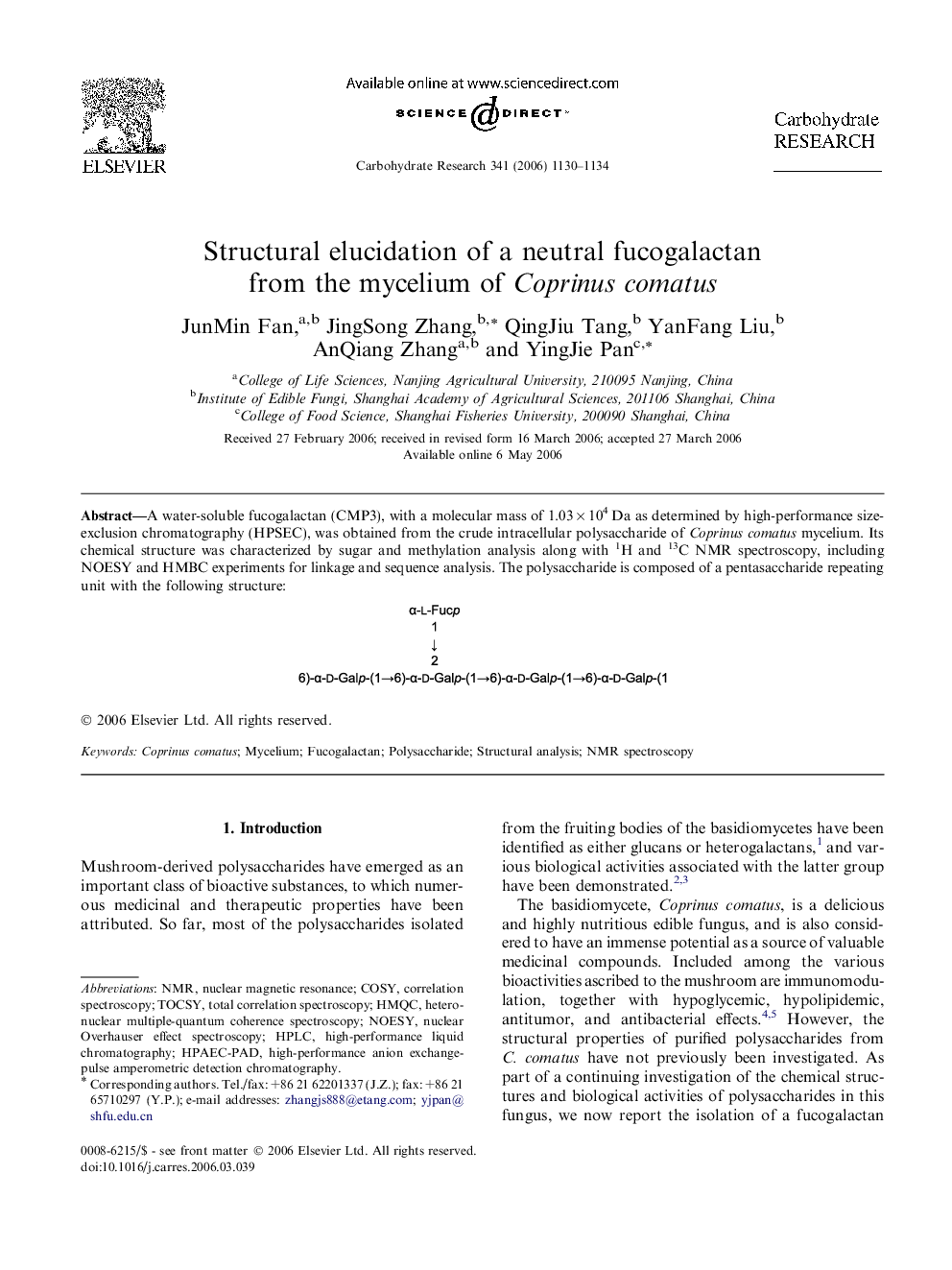 Structural elucidation of a neutral fucogalactan from the mycelium of Coprinus comatus